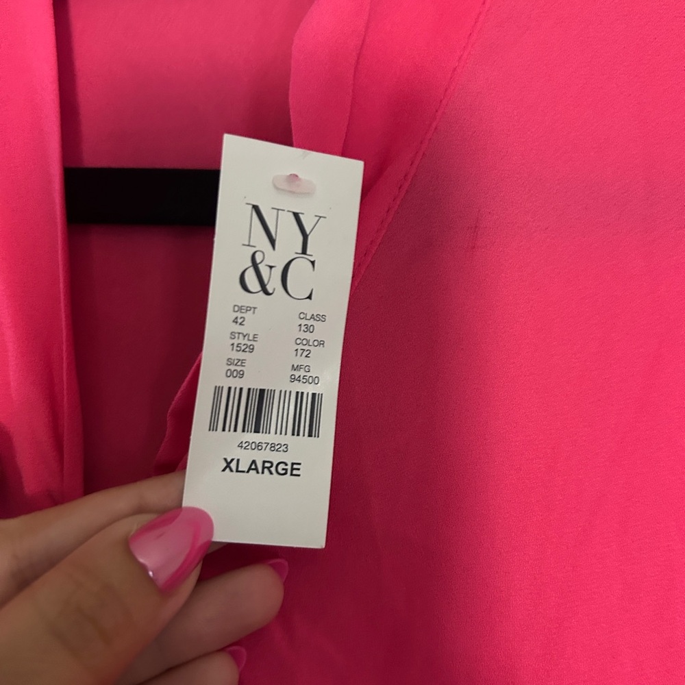 New York & Company Hot Pink Tie-Neck Ruffle Sleeve Blouse - Picture 3 of 6